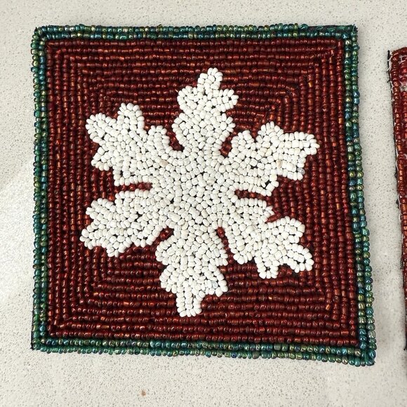 Crate & Barrel Set Of 4 Beaded Coasters Christmas Holiday 4” Square Fabric Back - Picture 4 of 7